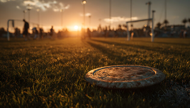 Worn ultimate frisbee rests on green grass field. Distant players enjoy sunset game near soccer goal. Warm evening light falls on active leisure.