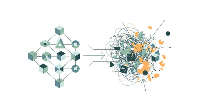 Structured data transforming into chaotic mess illustrating concept of data corruption information overload or breakdown