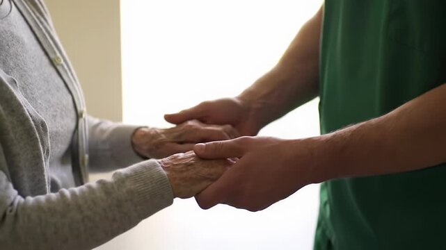 Gentle close-up dolly-in video of a younger hand tenderly caressing an elder's wrinkled hand in soft golden window light with a minimalist background, concept of intergenerational care
