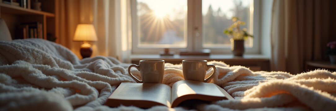 Cozy morning scene with two cups of coffee on bed featuring an open book and soft blankets. Warm sunlight pours through window, creating inviting atmosphere for relaxing morning.