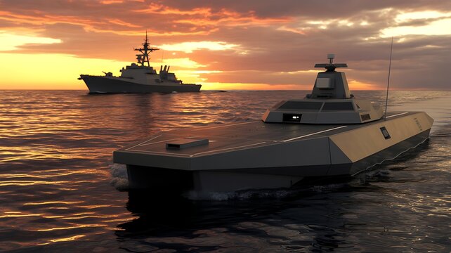 Advanced unmanned surface vessel (USV) at sea with a warship at sunset.
