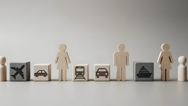Wooden figures and cubes with travel icons representing different modes of transportation and family units on a plain background