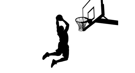 Energetic basketball player performing slam dunk with hoop, isolated white background © Sastro