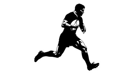 Obraz premium Powerful rugby player running with ball during game, isolated white background