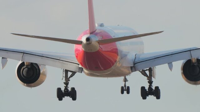 Telephoto video footage shows a large passenger airplane from behind as it prepares to land. The landing gear is down as the jet descends toward the runway on a hazy day. Close-up view.