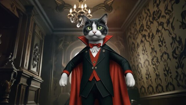 A cartoon cat dressed as a vampire stands confidently in a luxurious, ornate room with a chandelier, wallpaper, and archway in the background, possibly for Halloween or a fictional story