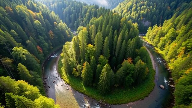 Serpentine River Meanders Through Lush Green Forested Mountainside.