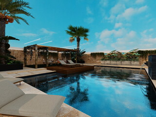 Obraz premium finca de hotel rural con piscina y zona de eventos . villa de lujo . hotel de playa 