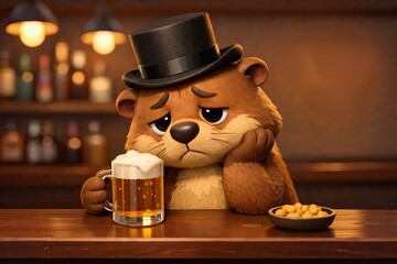 Sad Depressed Groundhog Drinking a Beer After Six More Weeks of Winter