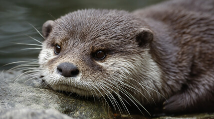 Close-up of an otter's face resting on a rock, wet fur and gentle eyes