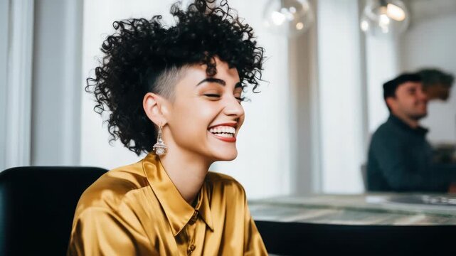 Young woman with curly hair laughing and smiling broadly