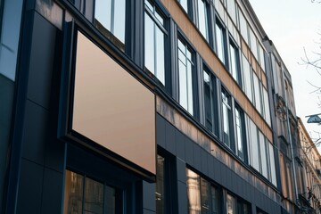 Fototapeta premium Blank shop sign on modern building exterior in urban area during late afternoon