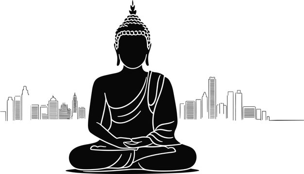 An ancient gold Buddha statue vector illustration depicting a peaceful sitting silhouette for Zen meditation, yoga, and spiritual Asian culture