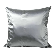 A square pillow with a shimmering, silver satin cover, against a stark black background