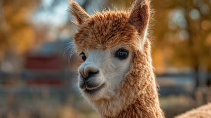 Obraz premium Side profile portrait of a cute brown alpaca in soft natural light