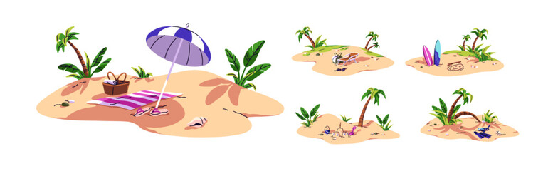 Summer beach set. Sand coast with chaise lounges, umbrellas, surfboards and palm trees. Sea resort vacations. Seashore with leaves, sunshade and seabeds. Flat isolated vector illustrations on white © Paper Trident