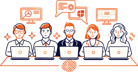 A diverse team of five people working together on laptops in a collaborative office environment isolated on transparent background, Vector