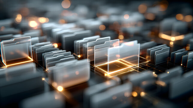 Abstract network grid with files and folders, futuristic software interface, digital document management system, store, search and organize documents, corporate business, paperless office