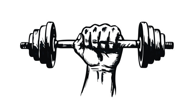 Vector hand drawn silhouette of strong hand lifting up steel dumbbell isolated on white background. Template for sport icon, symbol, logo or other branding. Modern retro illustration. vector icon