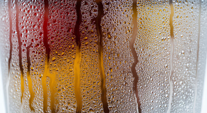 Macro texture of cold beer glass with water condensation drops. Refreshing amber beverage background with wet moisture beads. Summer iced tea or lager drink close up view