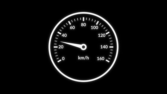 Animated speedometer video showing speed fluctuating between 0 and 160 kmh on black background