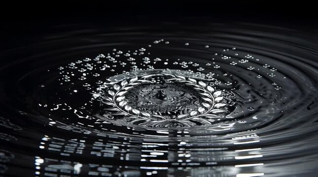 Silver laurel wreath reflected dark water ripple crown reflection metallic leaf floating with ripples sparkling droplets dramatic elegant minimalist