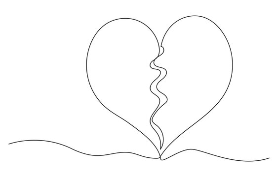 Broken Heart Continuous One Line Drawing. Heart is Broken One Line Minimal Art Drawing. Continuous line drawing. Broken heart. Black isolated on white background. 