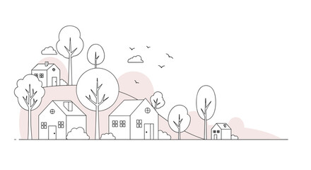 Fototapeta premium Minimalist line art illustration of a peaceful village scene with simple houses, trees, hills, and birds flying in a clear sky.