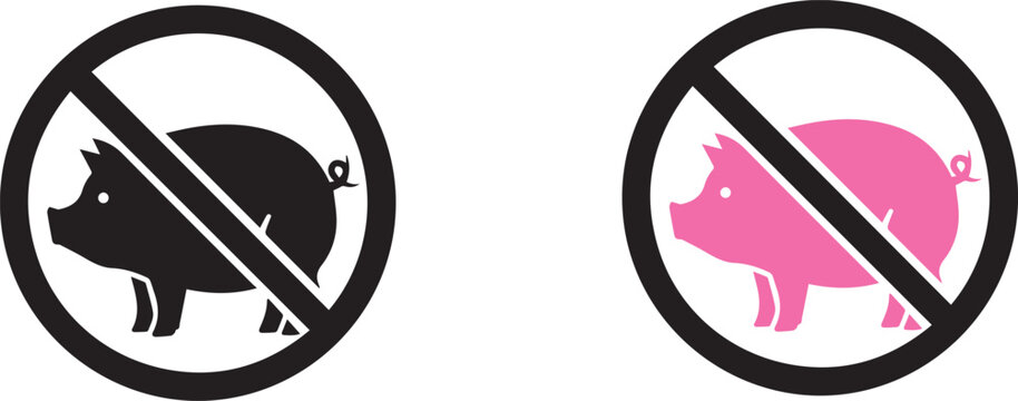 No Pork Symbol Icon Set, Prohibited Pig Sign Black and Pink Silhouette, Forbidden Food Warning, Halal Dietary Restriction Vector EPS Isolated Graphic