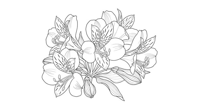 Intricate black and white line drawing of a cluster of alstroemeria flowers, also known as peruvian lilies, for botanical illustration.