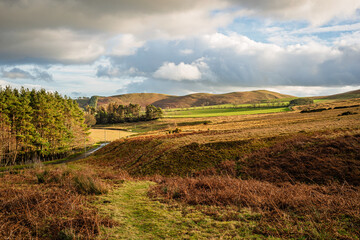 Footpath at the start of Brough Law walk, a hill at the Breamish Valley, a scenic river valley in Northumberland, in the National Park. It&rsquo;s known for its rolling hills, at the foot of the Cheviots
