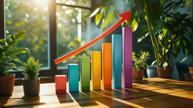 Colorful bar graph with rising red arrow on wooden table in office with plants and sunlit window in background for business growth concept