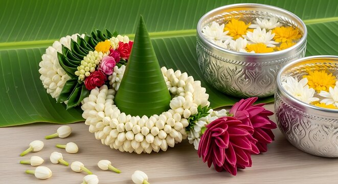 A traditional flower garland with jasmine blossoms and a banana leaf cone. Thai spirituality and culture for Songkran celebration and event.