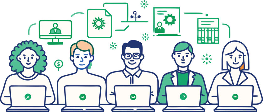 Diverse team collaborating on data and digital workflow on laptops isolated on transparent background, Vector