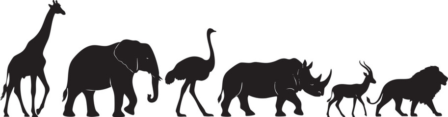 Fototapeta premium Black silhouettes of giraffe elephant ostrich rhinoceros antelope and lion walking in a line 1