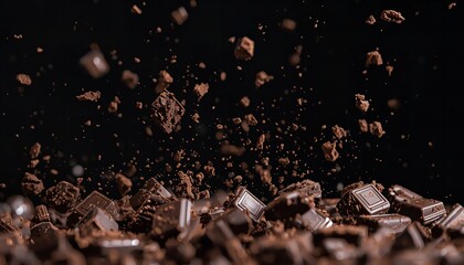 A pile of chocolate pieces flying through the air against a dark background