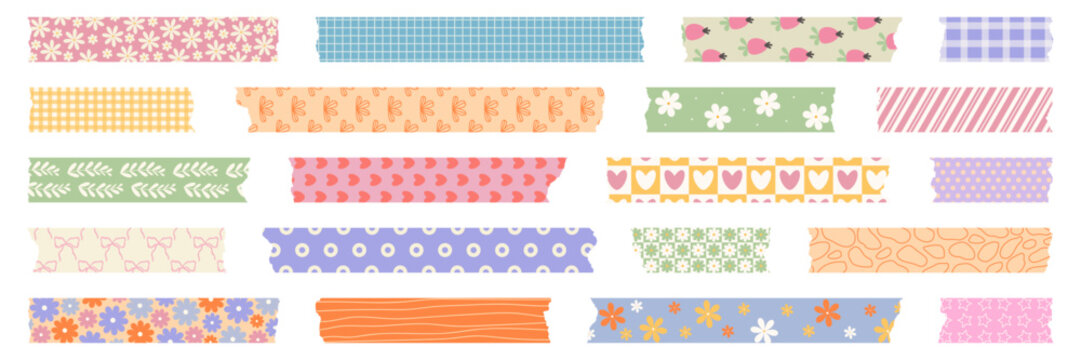 Washi tape stripes collection. Adhesive tape scraps with cute pattern. Colored decorative tape washi sticker for scrapbooks, collages. Ribbons, strips with torn edges