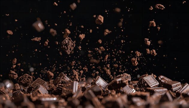 A pile of chocolate pieces flying through the air against a dark background