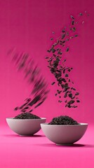 Black Seeds Flying From Bowls On Pink Background