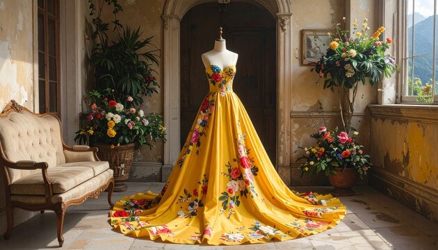 Yellow ball gown with floral patterns on dress form in elegant room, sweetheart neckline, full skirt, white paneled walls, wood floor, floral vases, sunlight streaming in, showcasing craftsmanship.