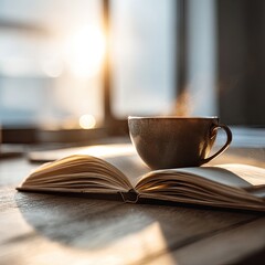 Sunrise Coffee And Open Book On Wooden Table