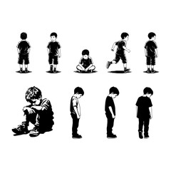 Sad and Worried Child Silhouette Vector - Unhappy Children Poses Pack