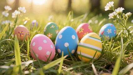 Colorful decorated Easter eggs on green grass with spring flowers and sunlight, concept of festive outdoor celebration in spring