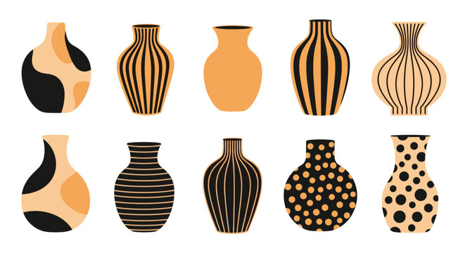 Assorted set of terracotta and black ceramic vases with various geometric patterns including stripes, dots, and abstract shapes in a modern style.