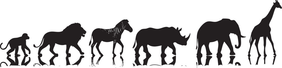 Fototapeta premium Black silhouettes of monkey lion zebra rhino elephant and giraffe animal