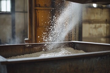 White powder falling into a metal bin in an industrial space during work hours with machinery in the background