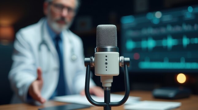 Doctor recording professional medical podcast in modern studio with microphone and blurred background lights 