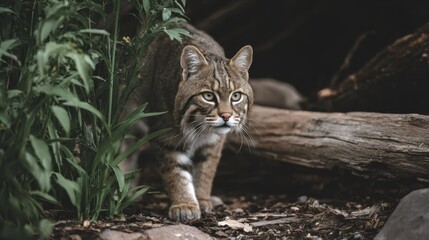 Wild Bobcat Walking Through Dense Underbrush in Natural Habitat