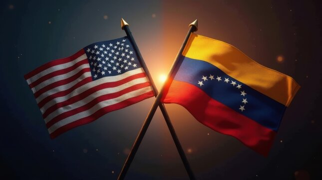 Political conflict between the united states and venezuela flags crossed digital art dramatic lighting symbolism 
