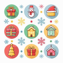 Vector Christmas icons set, cute flat style, snowflakes, ornaments, gifts, clean outlines